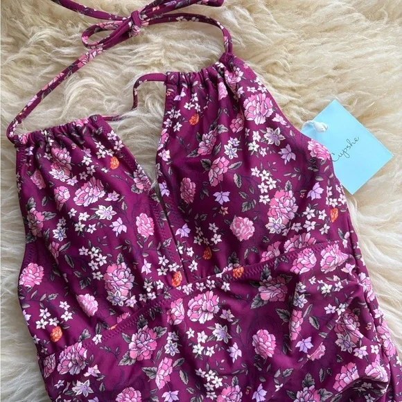 NWT Cupshe Maroon Floral One Piece Swimsuit - Picture 5 of 5